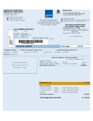 Argentina water utility bill template Aysa in Word and PDF format (.doc and .pdf)
