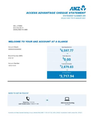 Australia ANZ proof of address bank statement template in .doc and .pdf format, 2 pages