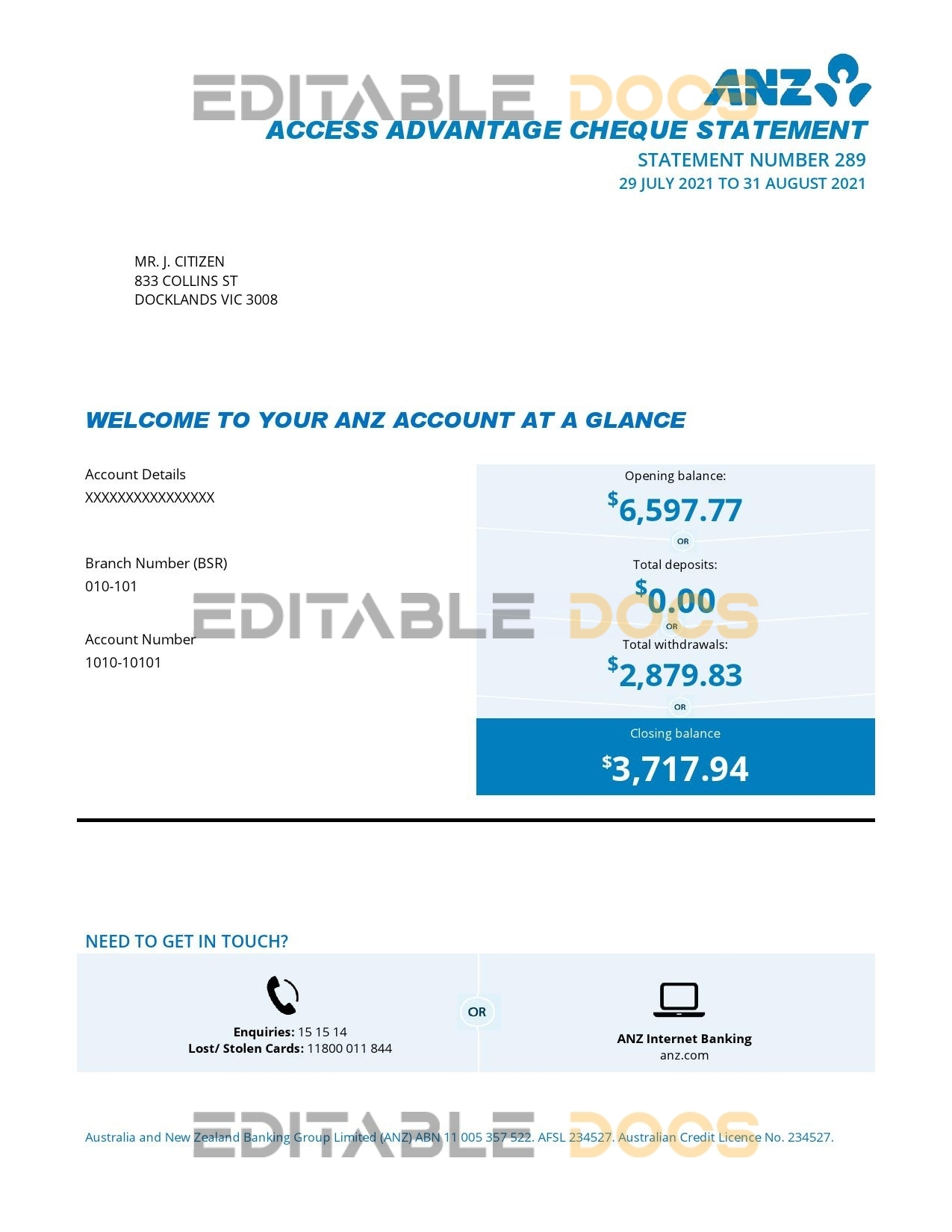Australia ANZ proof of address bank statement template in .doc and .pdf format, 2 pages