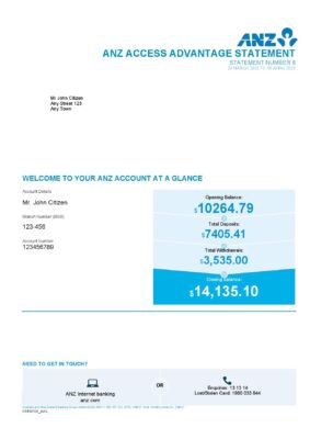 Australia ANZ bank statement, Word and PDF template, 5 pages