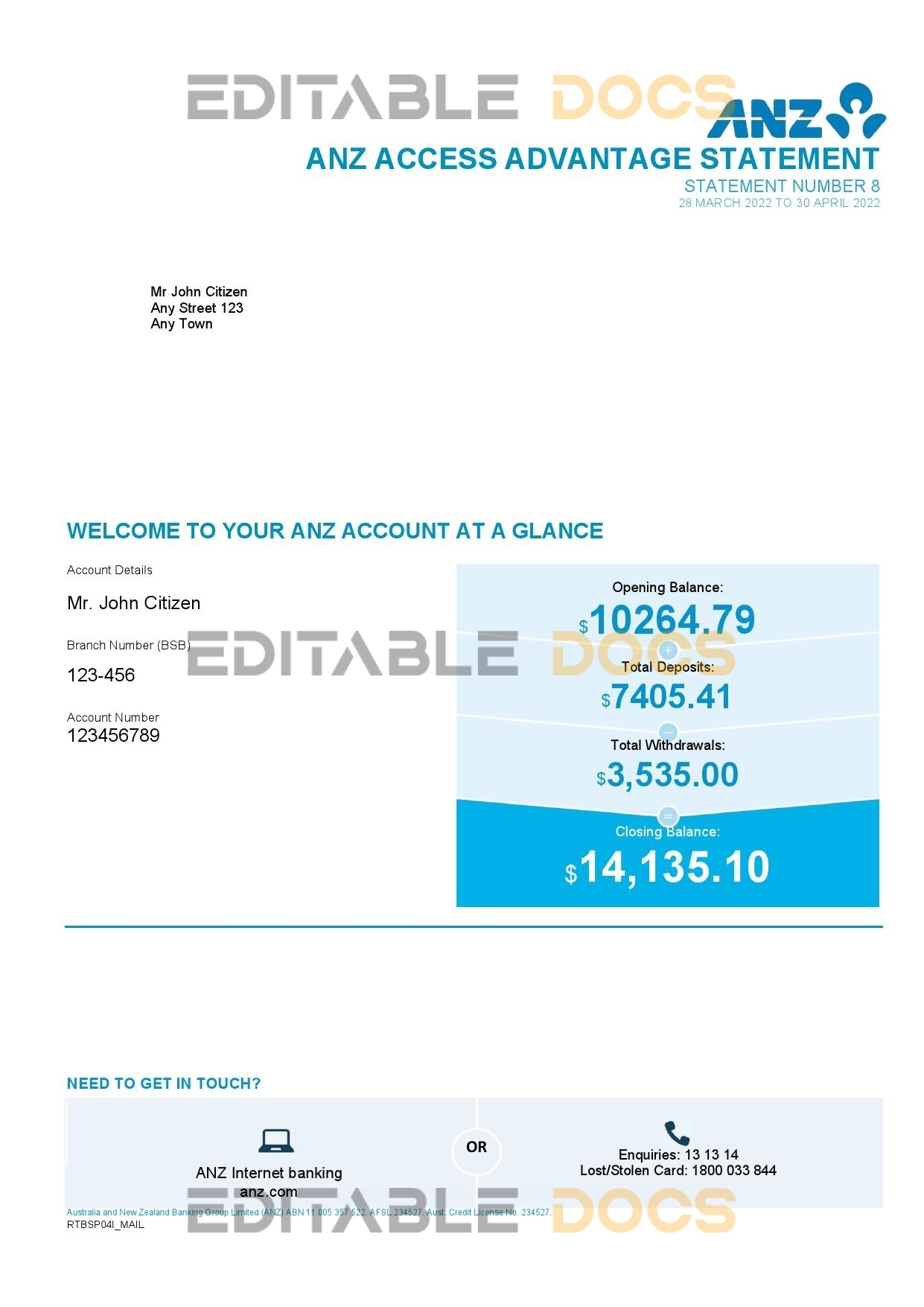 Australia ANZ bank statement, Word and PDF template, 5 pages
