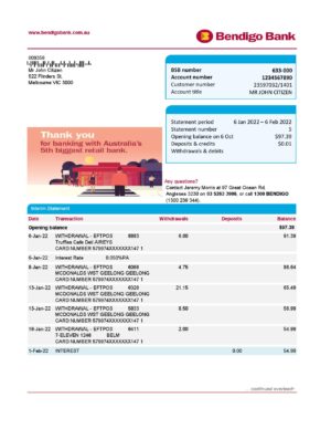 Australia Bendigo bank statement 000001