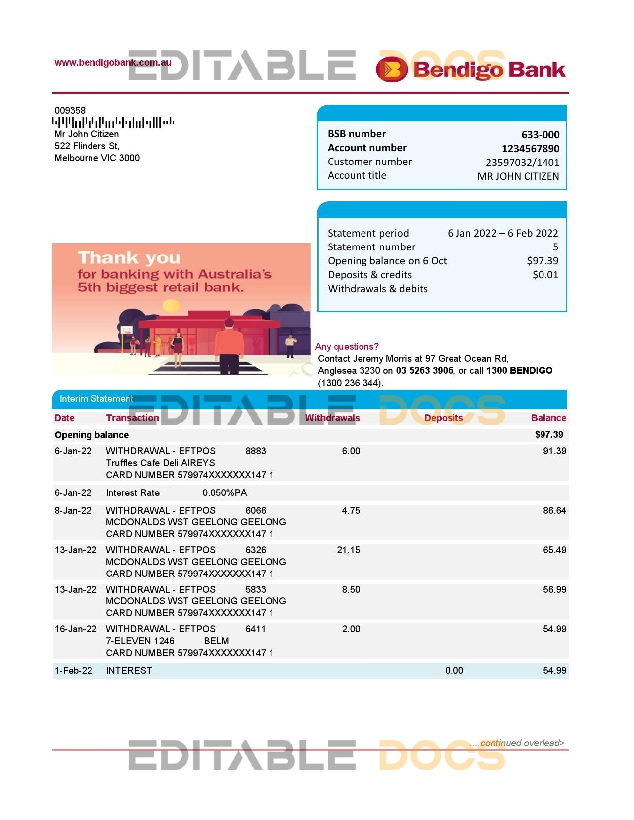 Australia Bendigo bank statement easy to fill template in Excel and PDF format, 2 pages