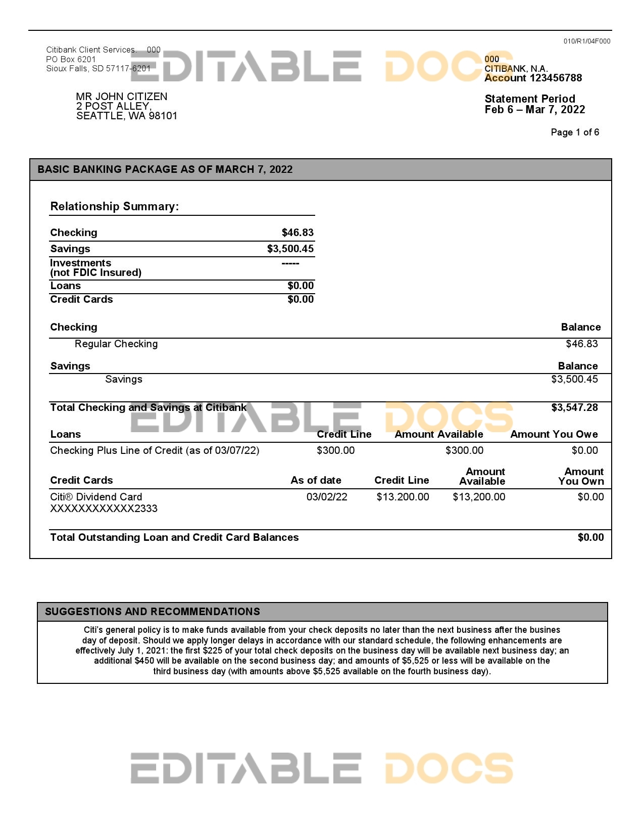 Australia Citibank bank statement Word and PDF template, 6 pages