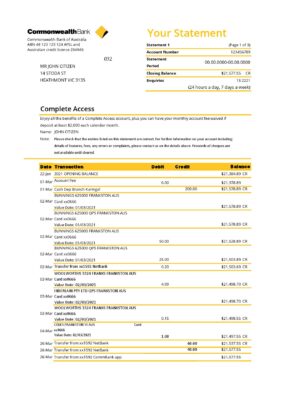 Australia Commonwealth bank statement template in Excel and PDF format (3 pages), version 2