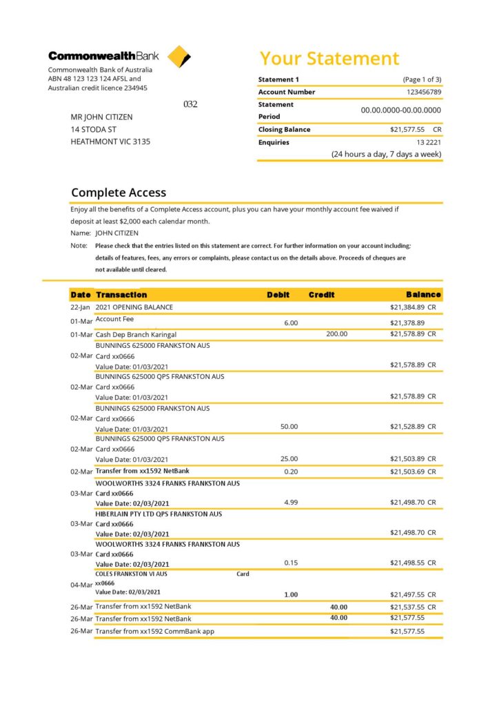Australia Commonwealth bank statement template in Excel and PDF format (3 pages), version 2