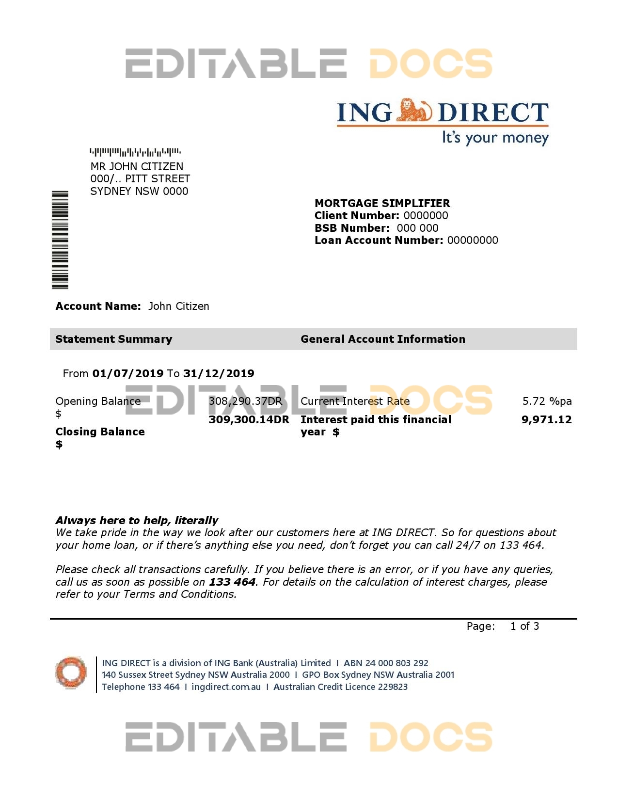 Australia ING Direct bank statement easy to fill template in Word and PDF format