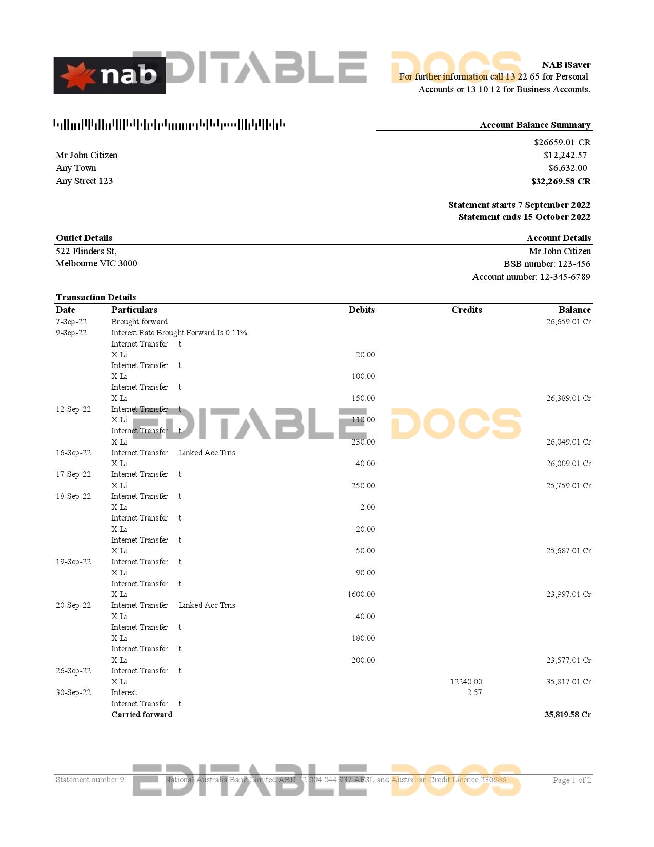 Australia NAB bank statement, Excel and PDF template, 2 pages
