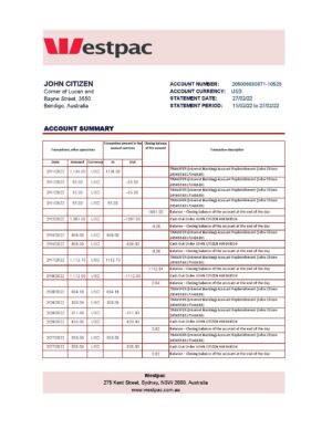 Australia Westpac bank statement template in Excel and PDF format