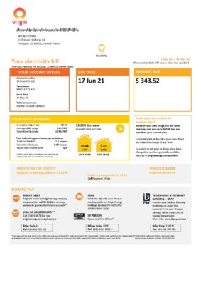 Australia New South Wales (NSW) Origin electricity utility bill template in Word and PDF format, 3 pages