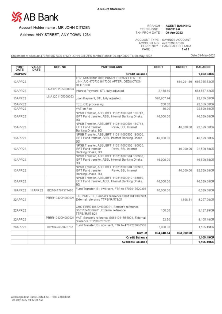 Bangladesh AB bank statement template, Word and PDF format