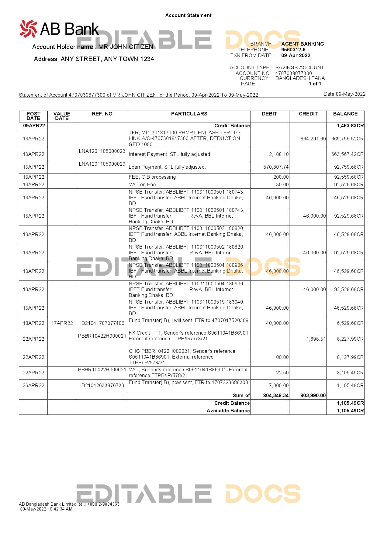 Bangladesh AB bank statement template, Word and PDF format