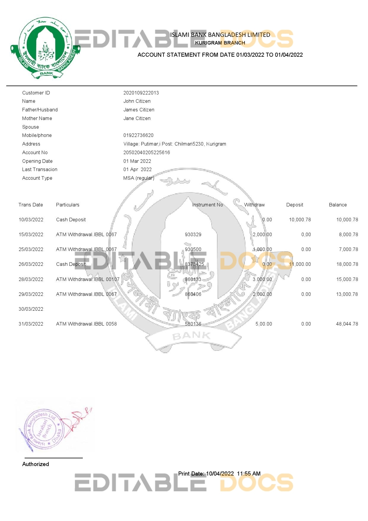 Bangladesh Islami bank statement, Word and PDF template