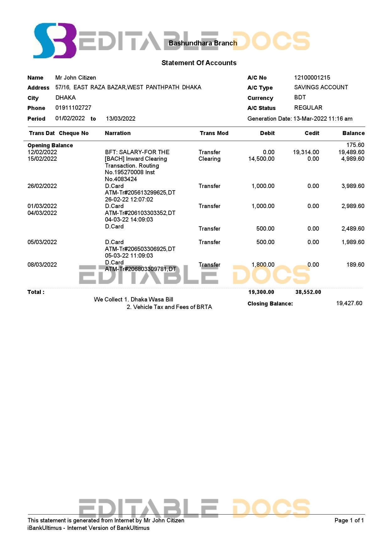 Bangladesh SB bank statement, Word and PDF template