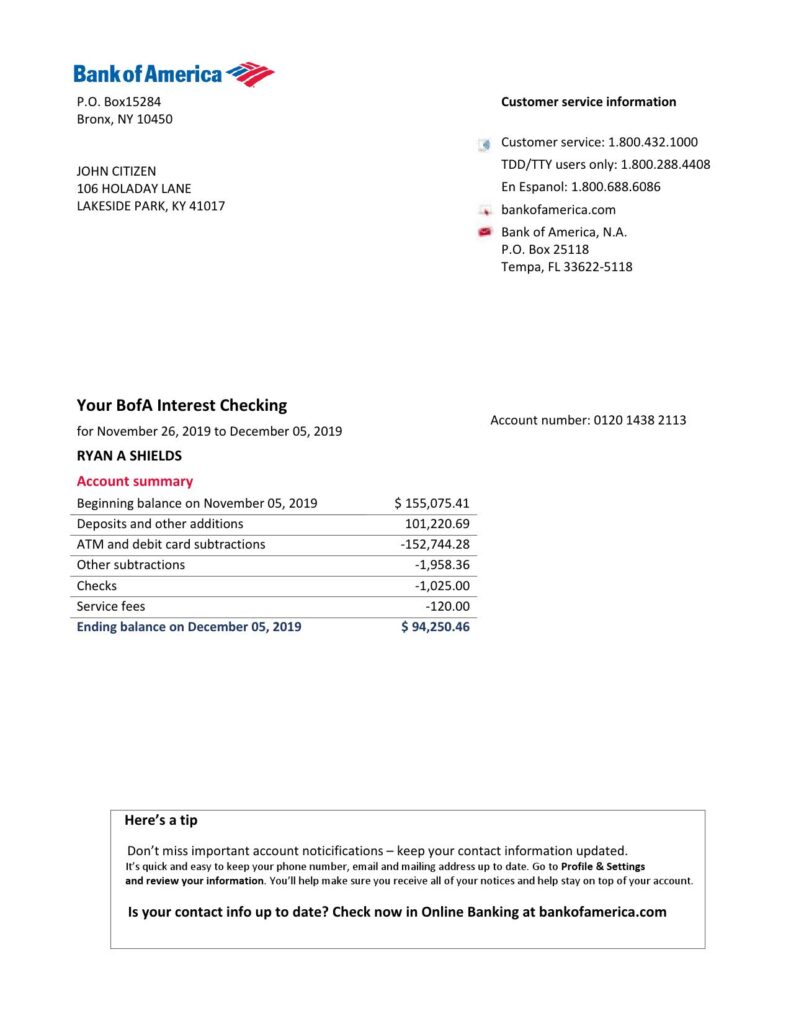 USA Bank of America bank statement easy to fill template in Word and PDF format