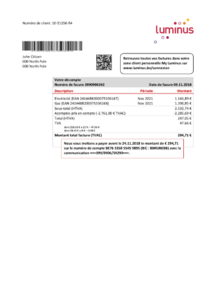 Belgium Luminus utility bill template in Word and PDF format (in .doc and .pdf format)