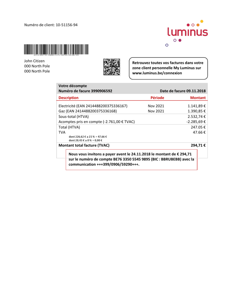 Belgium Luminus utility bill template in Word and PDF format (in .doc and .pdf format)