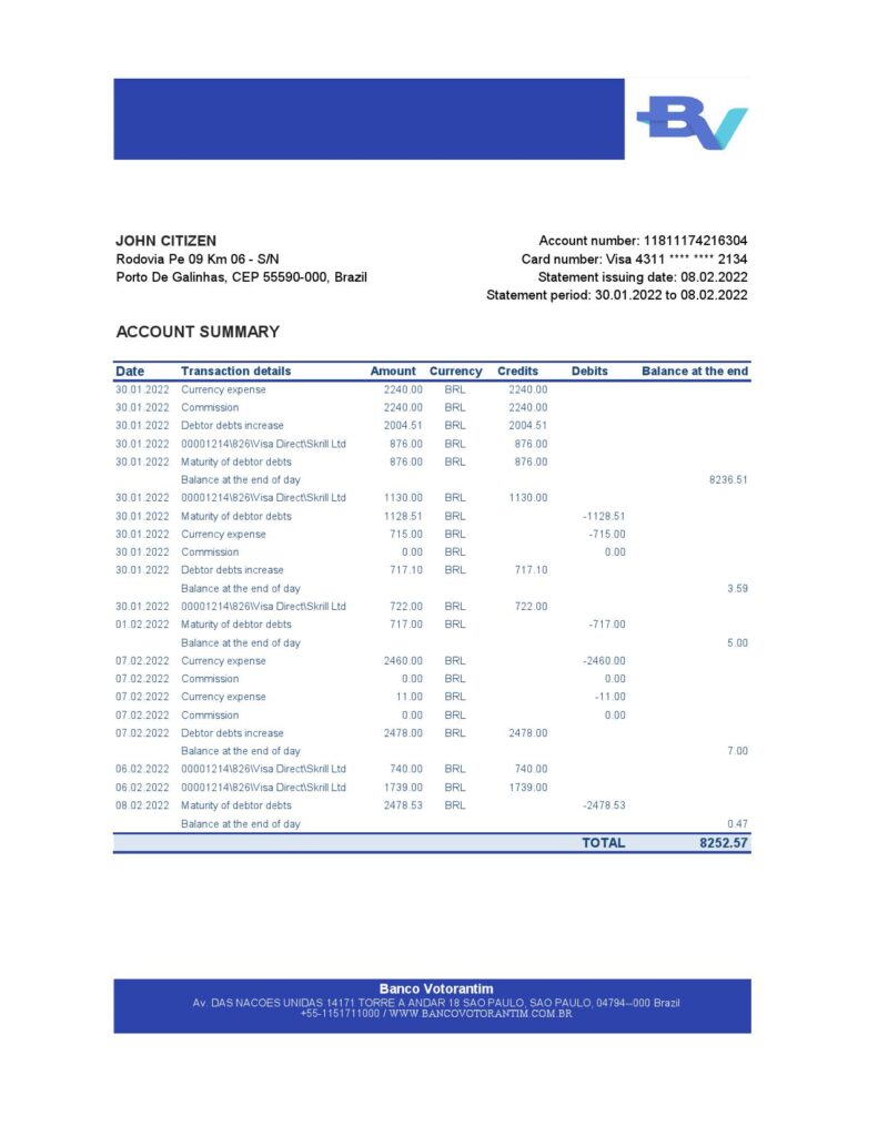 Brazil Banco Votorantim bank statement template in Excel and PDF format