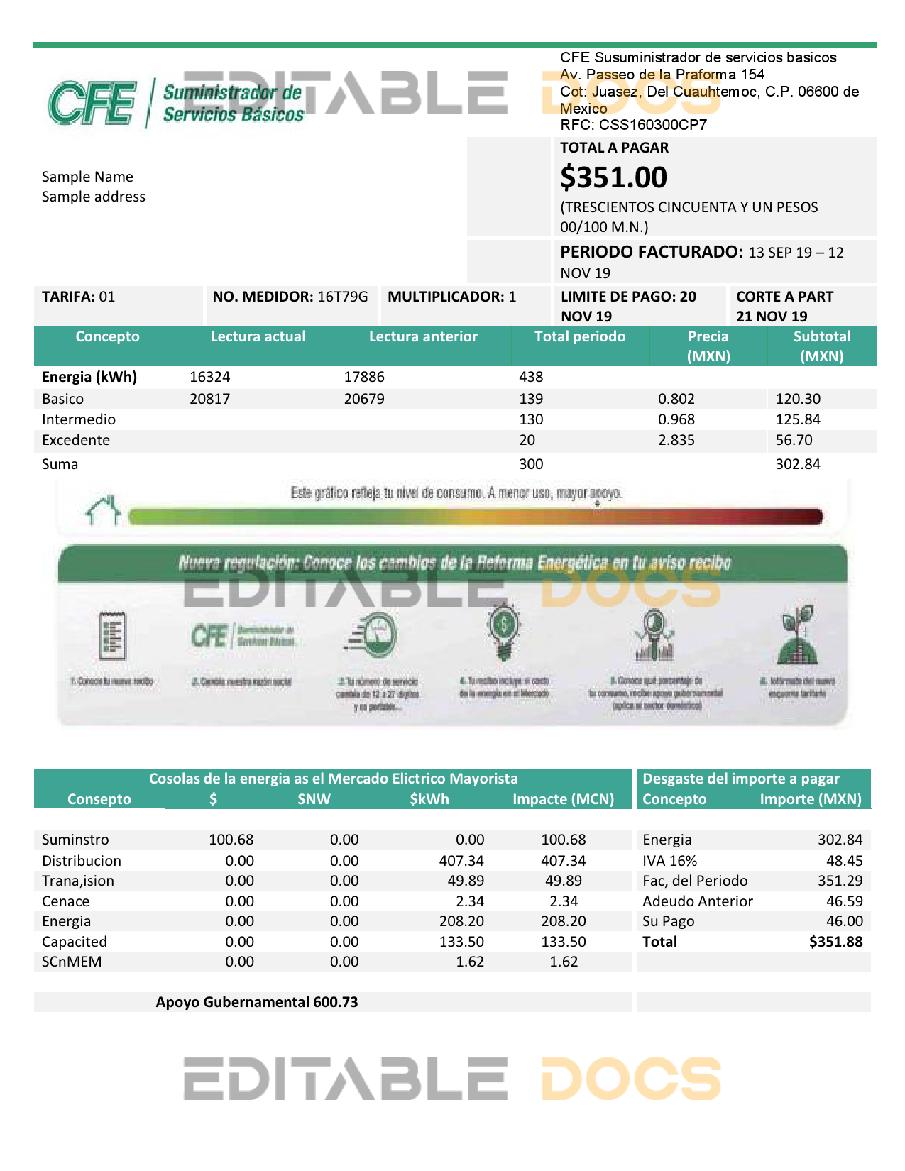 Mexico Electricity CFE utility bill template in Word and PDF format, fully editable