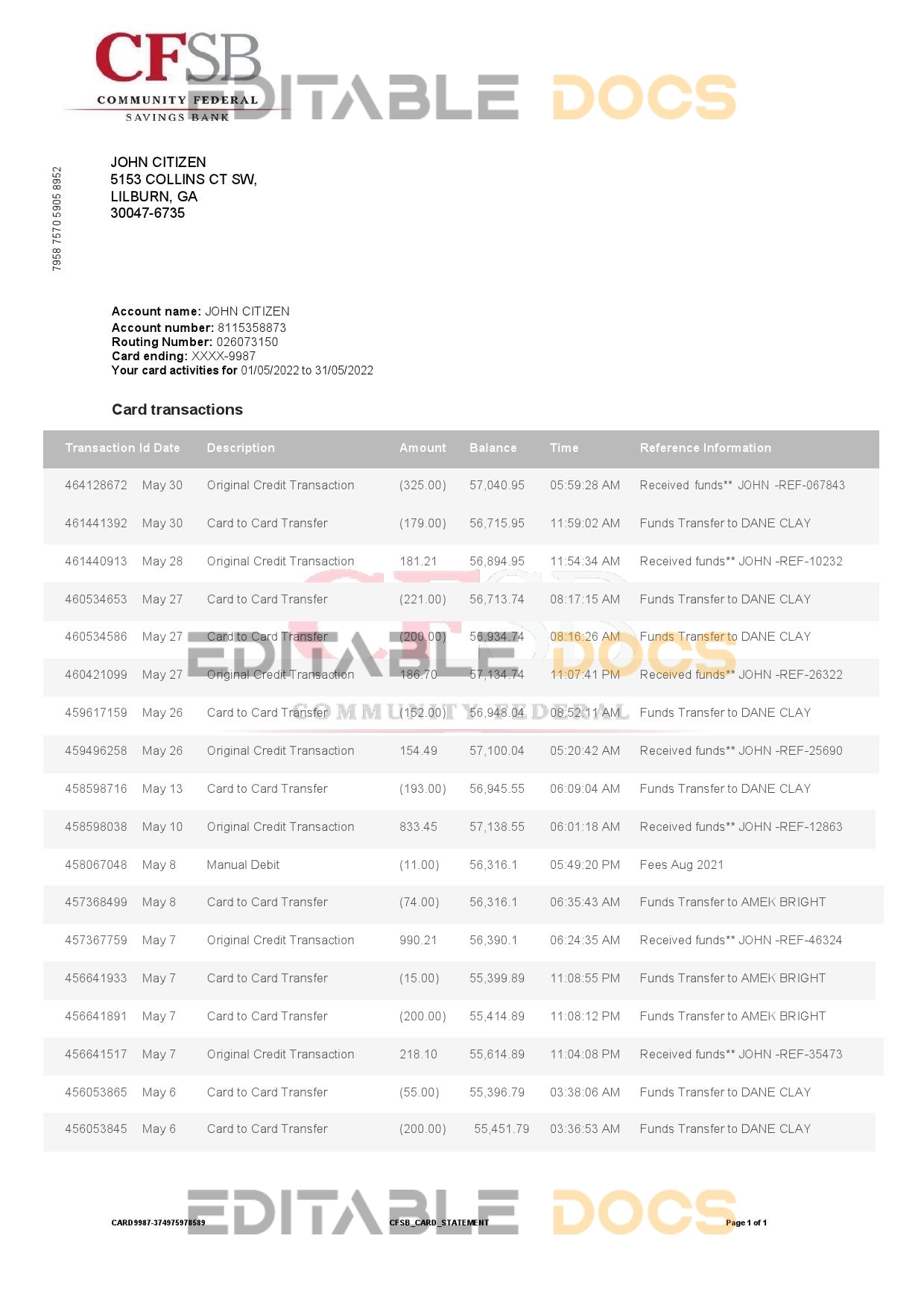 Canada CFSB bank statement, Word and PDF template