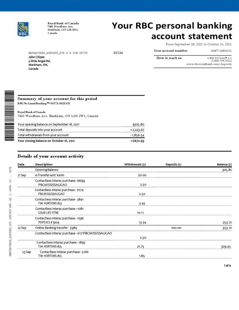 Canada Royal Bank of Canada (RBC) bank statement template in Word and PDF format (4 pages)