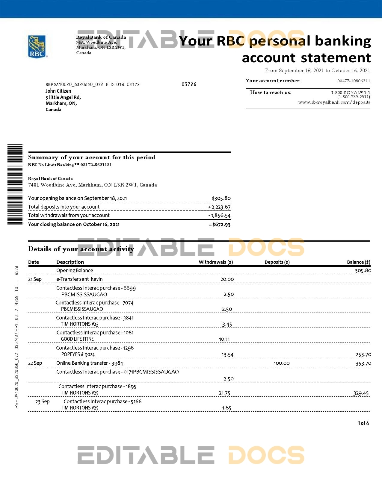 Canada Royal Bank of Canada (RBC) bank statement template in Word and PDF format (4 pages)