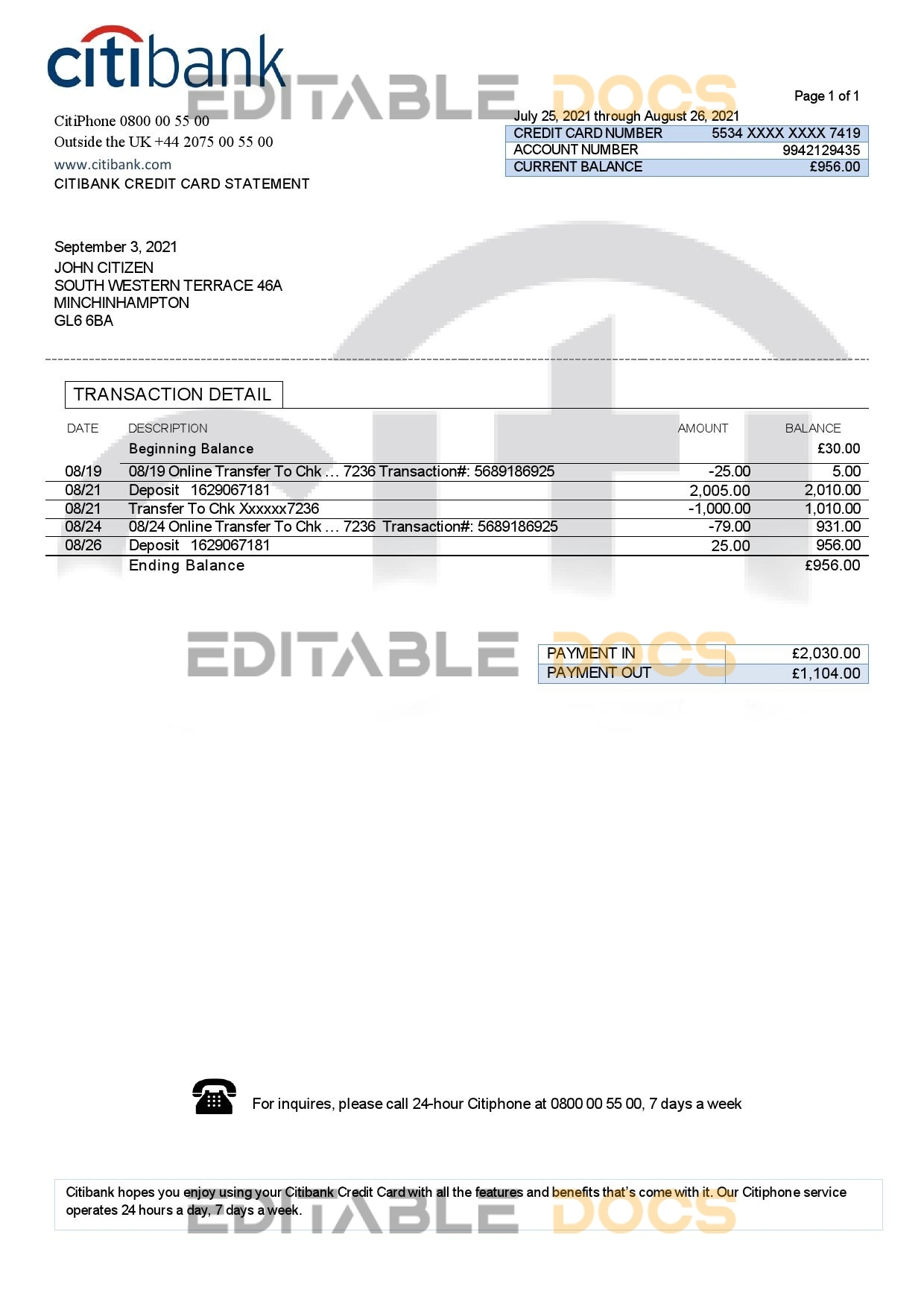 United Kingdom Citibank bank statement template in .doc and .pdf format