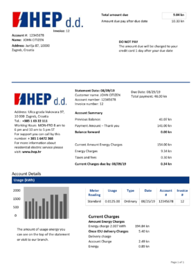 Croatia Hrvatska Elektroprivreda electricity utility bill template in Word and PDF format