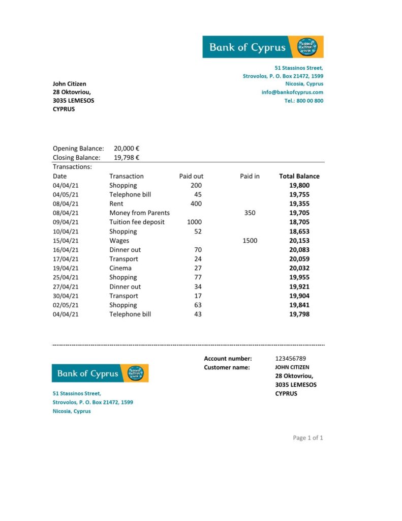 Cyprus Bank of Cyprus bank statement easy to fill template in .xls and .pdf file format