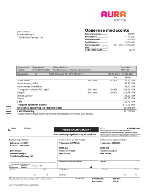 Denmark AURA Energi utility bill template in Word and PDF format