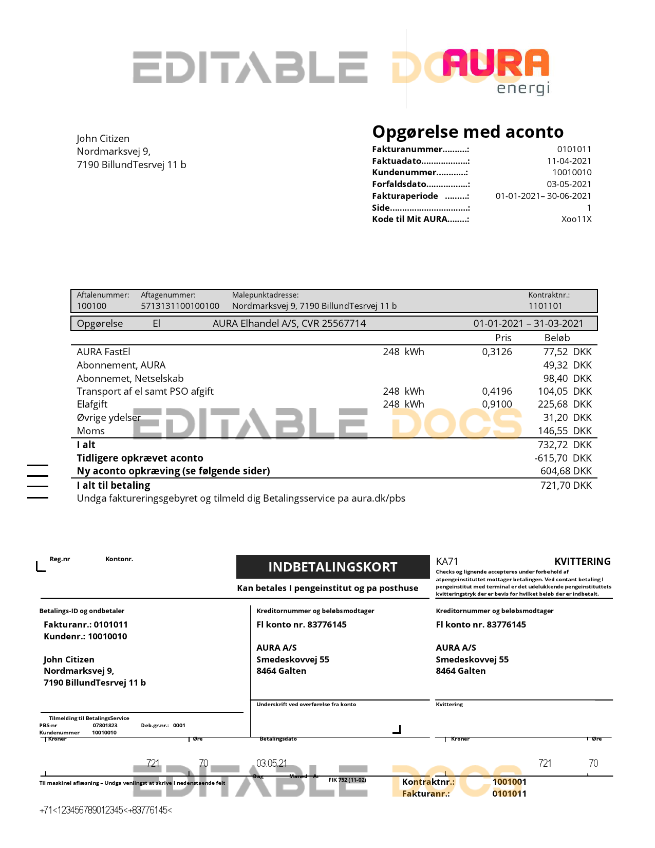 Denmark AURA Energi utility bill template in Word and PDF format