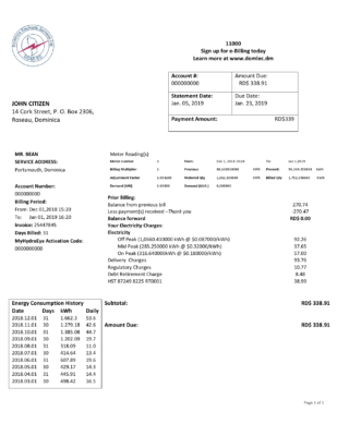 Dominica Electricity Services Limited electricity utility bill template in Word and PDF format