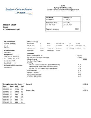 Canada Eastern Ontario Power utility bill template in Word and PDF format