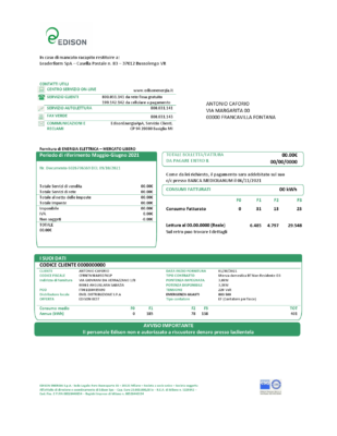 Italy Edison utility bill template in Word and PDF format, good for address prove