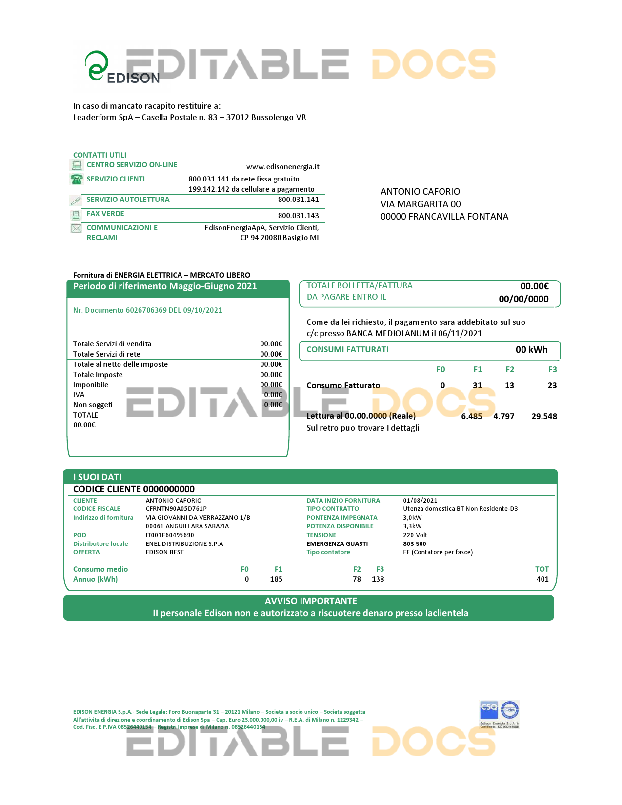 Italy Edison utility bill template in Word and PDF format, good for address prove