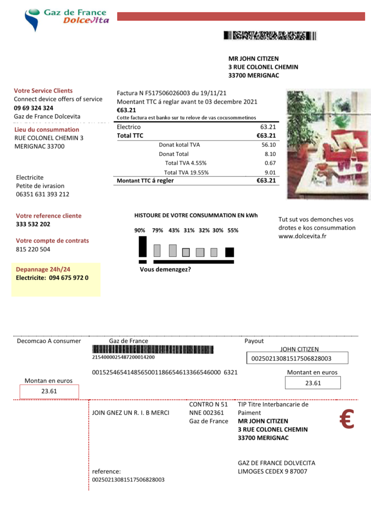 France Gaz de France Dolcevita utility bill template in Word and PDF format