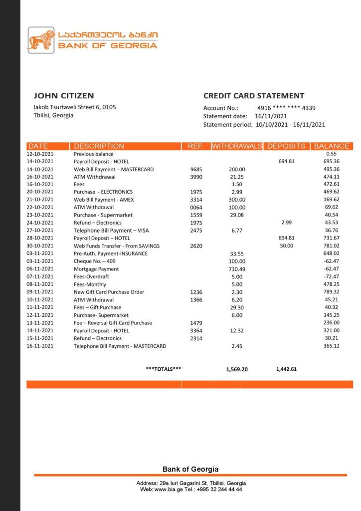Georgia Bank of Georgia proof of address statement template in Word and PDF format, fully editable