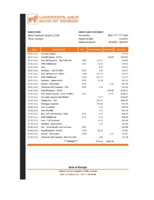 Georgia Bank of Georgia statement Excel and PDF template