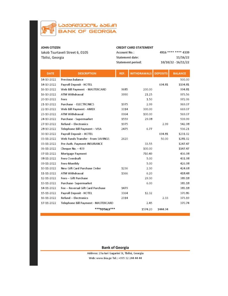 Georgia Bank of Georgia statement Excel and PDF template