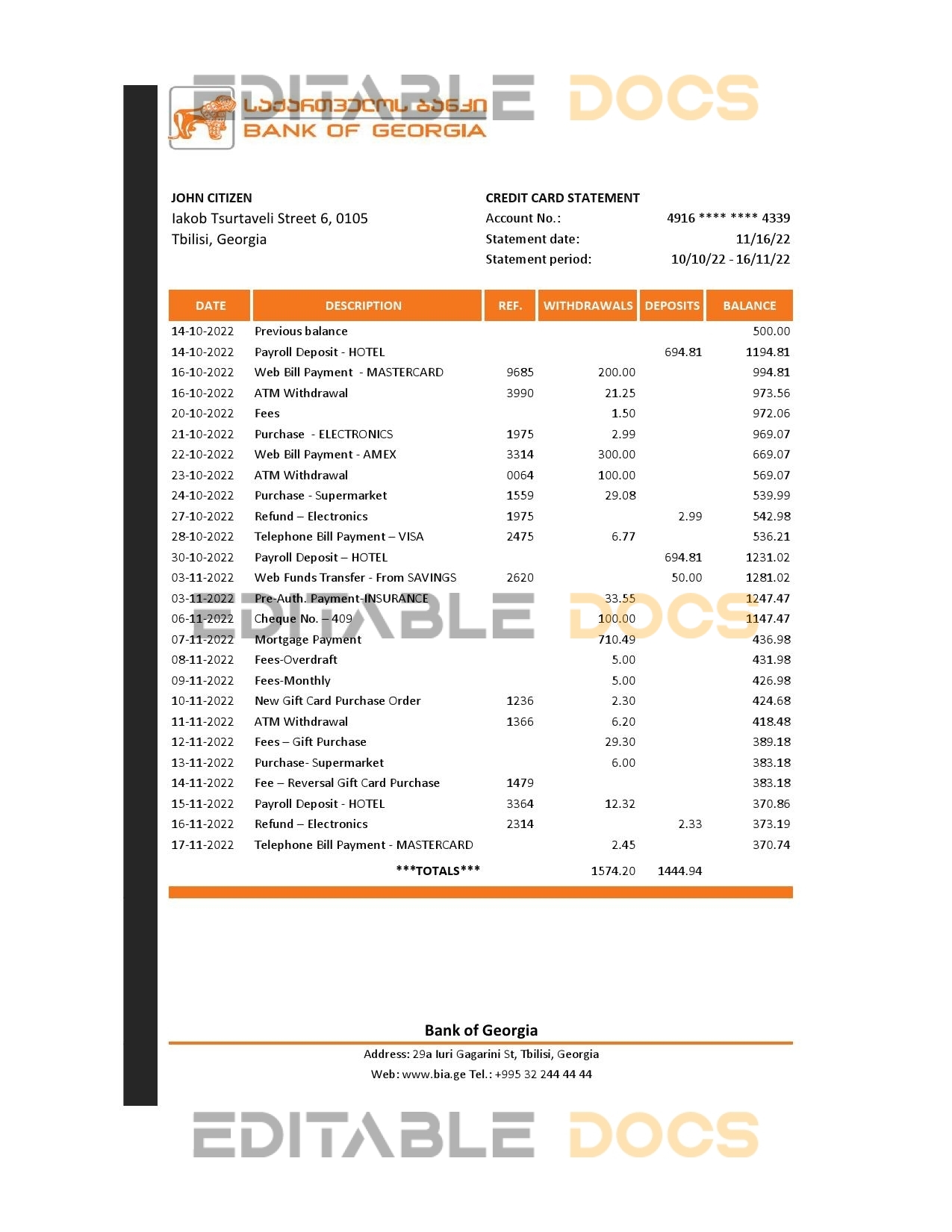 Georgia Bank of Georgia statement Excel and PDF template