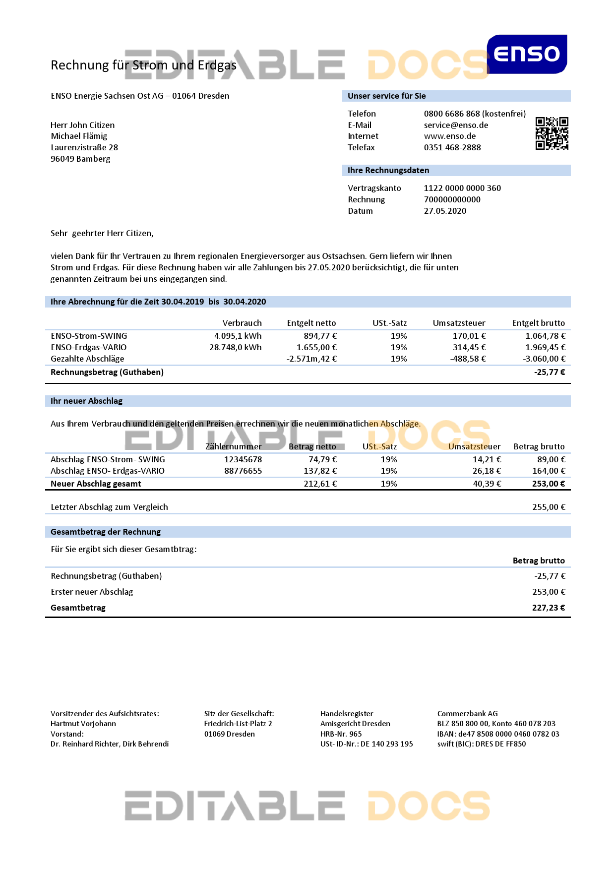 Germany ENSO rechnung für strom und erdgas utility bill template in Word and PDF format