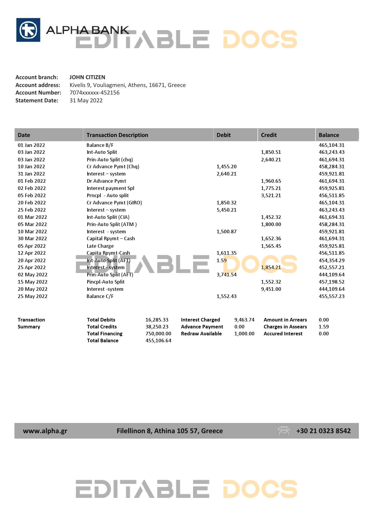 Greece Alpha bank statement template in Word and PDF format