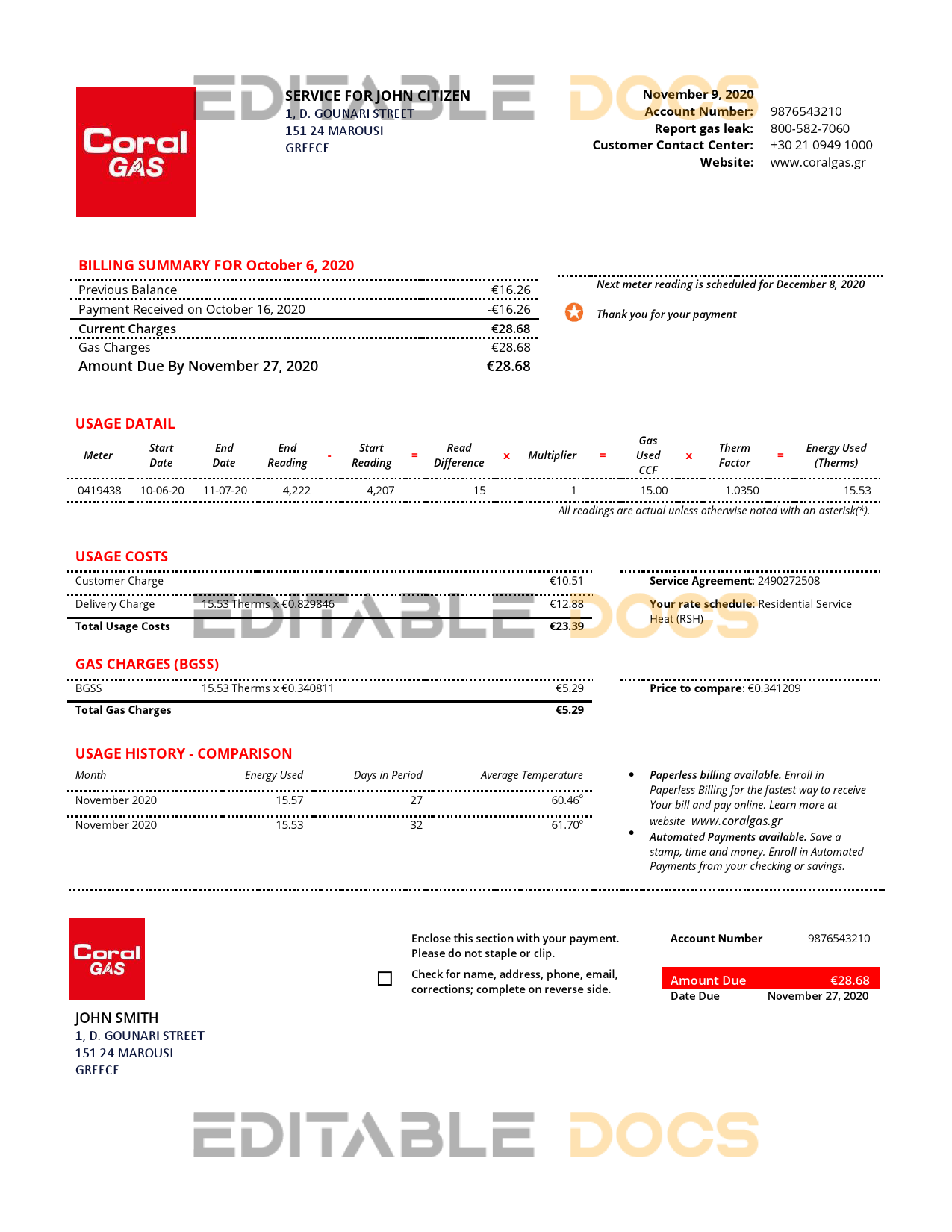 Greece CORAL GAS utility bill template in Word and PDF format