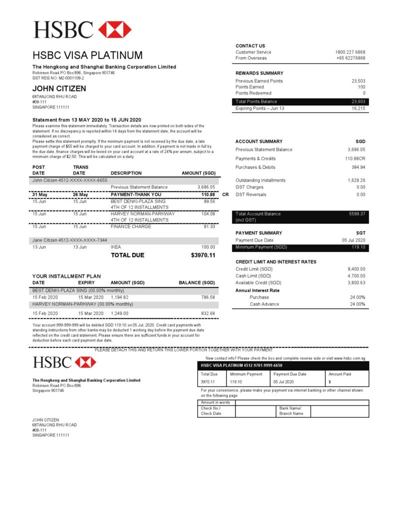 Hong Kong HSBC bank Visa Platinum credit card statement template in Word and PDF format