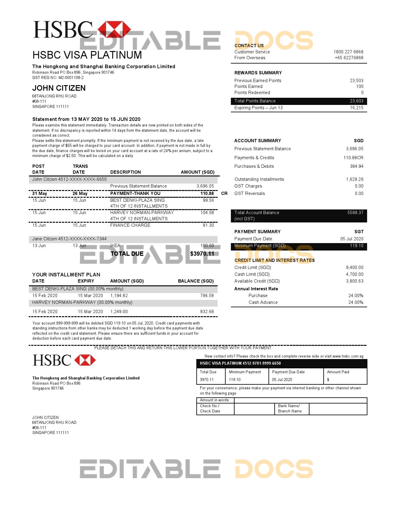 Hong Kong HSBC bank Visa Platinum credit card statement template in Word and PDF format