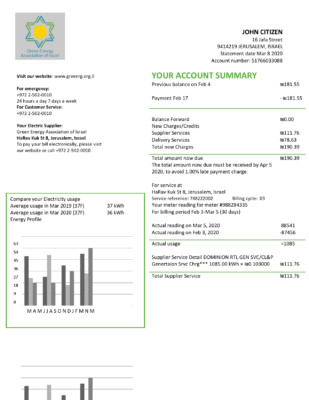 Israel Green Energy Association of Israel utility bill template in Word and PDF format (doc)