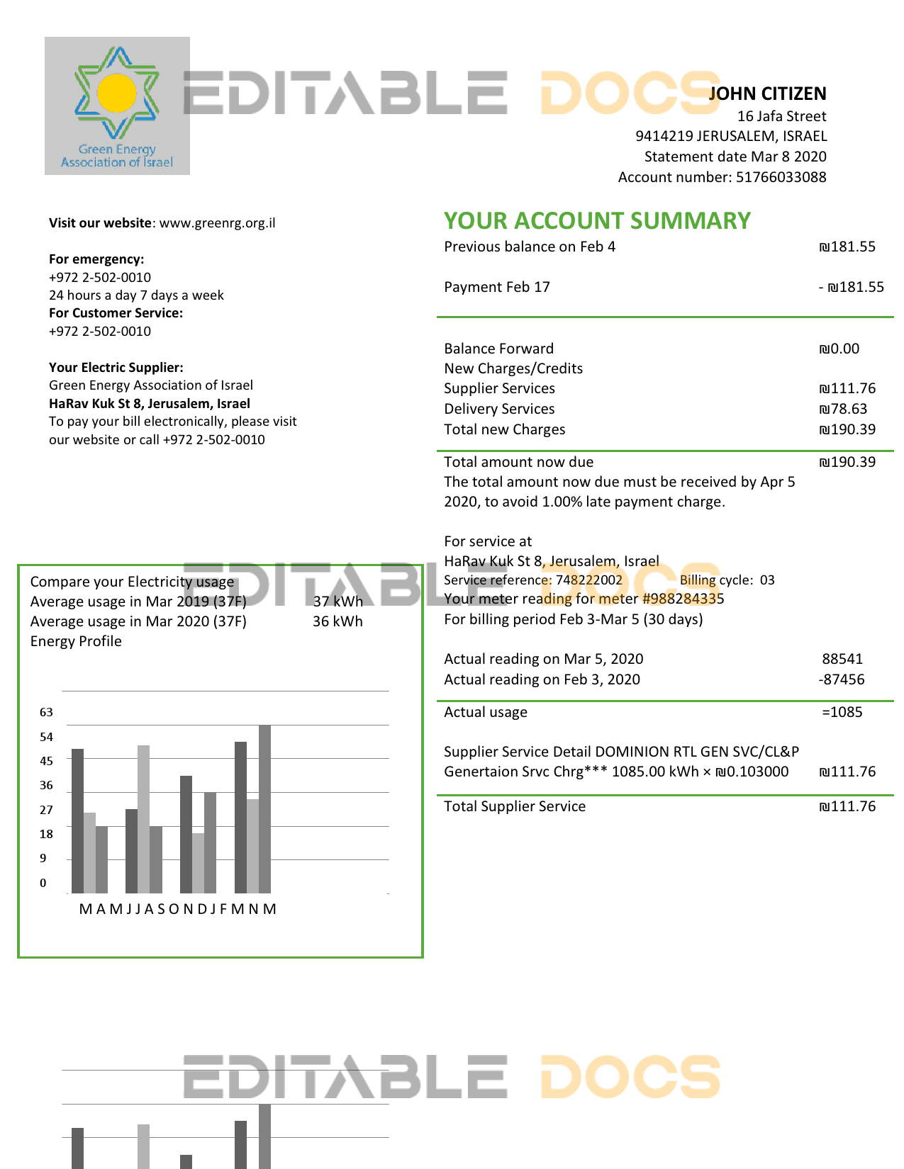 Israel Green Energy Association of Israel utility bill template in Word and PDF format (doc)