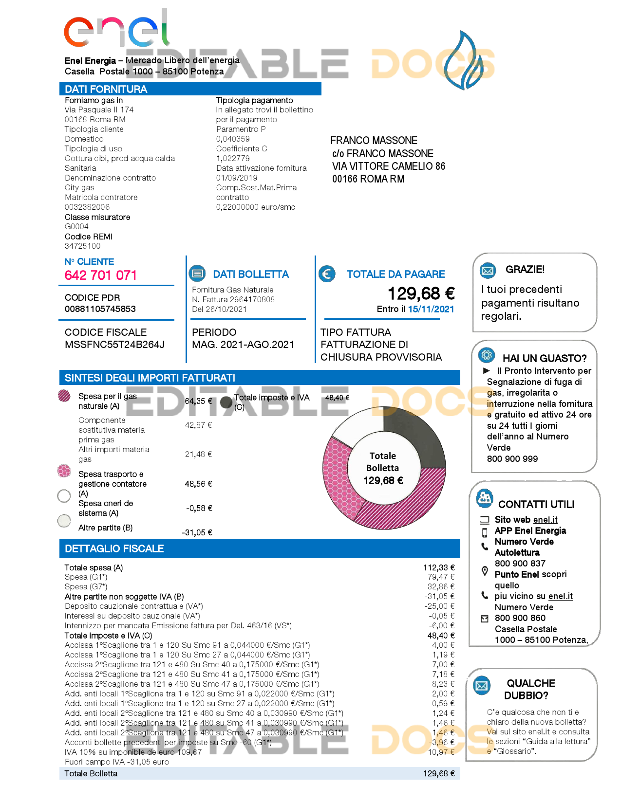 Italy Enel Energia utility bill template in Word and PDF format