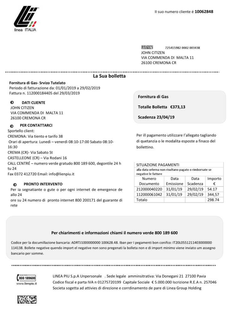 Italy Linea Italia utility bill template in Word and PDF format