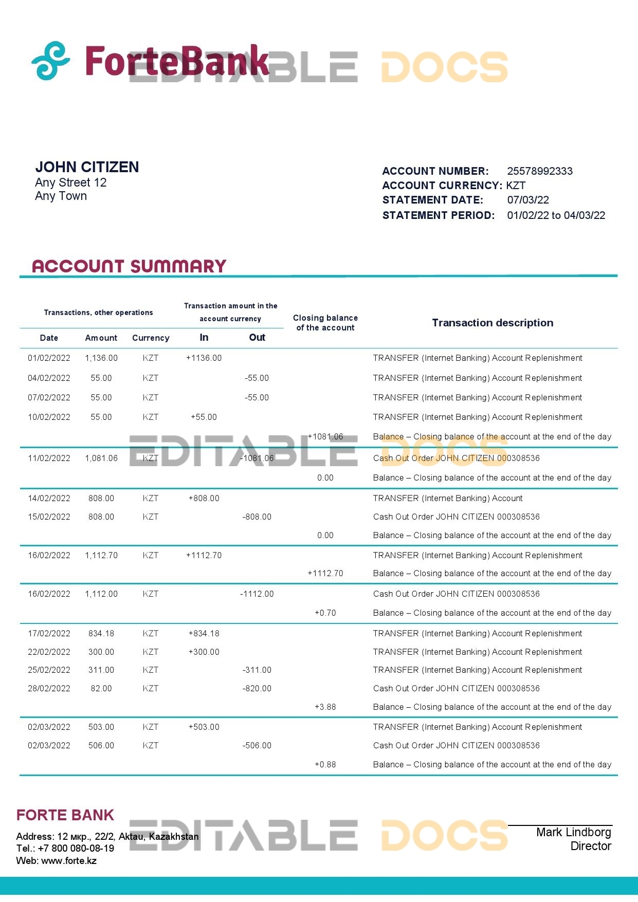 Kazakhstan Forte bank statement template in Word and PDF format